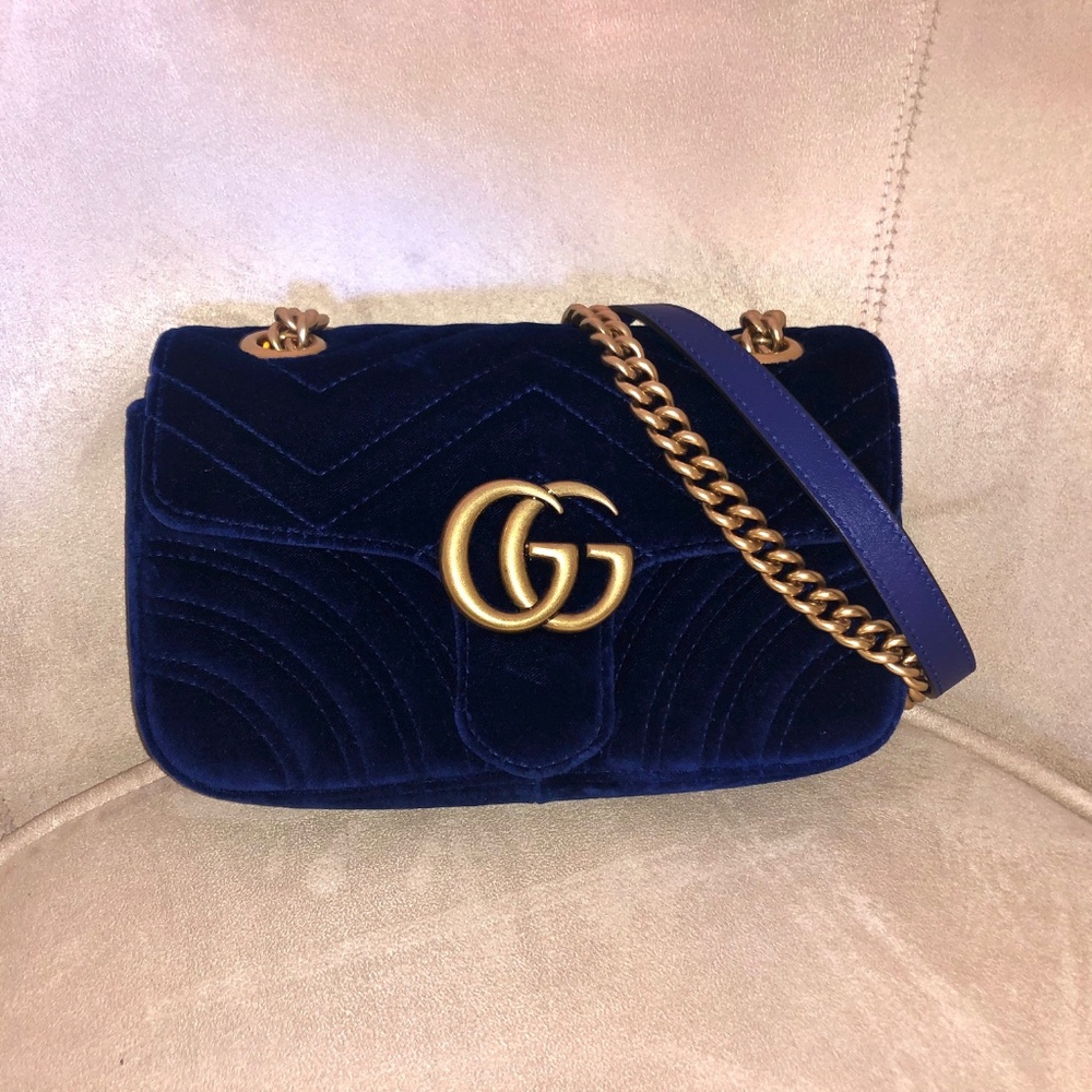 Authentic Gucci GG Blue Marmont Mini Velvet Purse